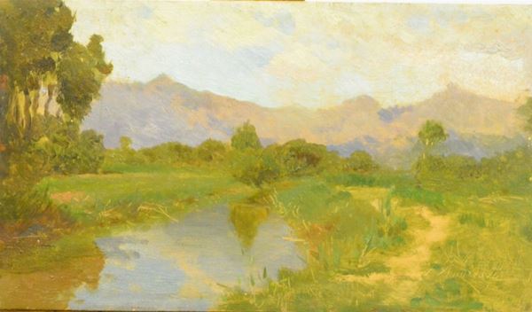 Federico Andreotti (Firenze 1847-1930) PAESAGGIO olio su tavoletta, cm 22,6x12,9