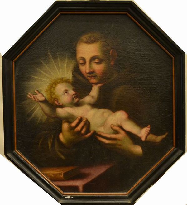 Scuola Italiana, sec. XVIII SANTO CON BAMBINO olio su tela ottagonale, cm 65x73 rintelato