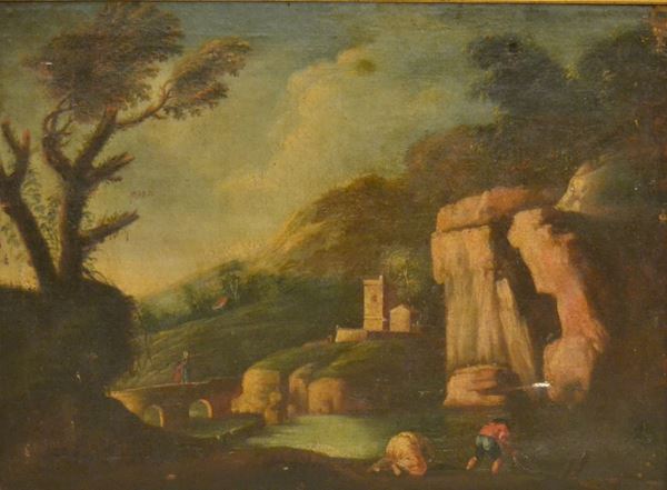 Scuola Italiana, sec. XVIII PAESAGGIO CON RUDERI olio su tela, cm 110x80 da restaurare