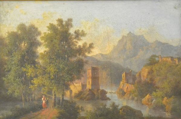 Scuola Italiana, sec. XIX PAESAGGIO CON FIUME olio su tela, cm 20x28