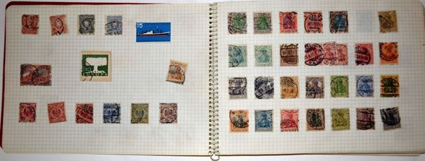 Album quadrettato con francobolli vari, nuovi e usati della Grecia anni 1920/30/40 Album quadrettato con vari francobolli usati del Regno (pochi) 2 taccuini quadrettati con vari francobolli usati di Germania e Francia ed un taccuino Inghilterra (1 penny e 2 pences dentellati, usati)
