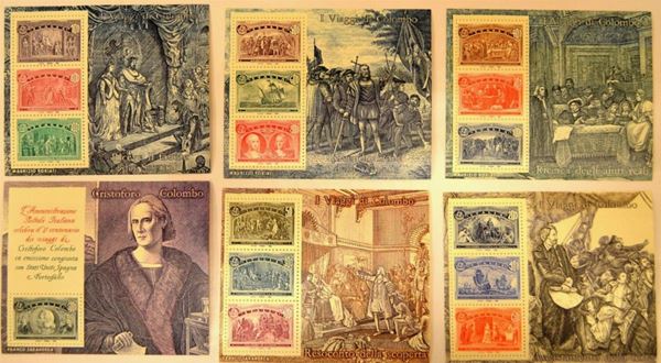 Due etichette contenenti un francobollo ciascuna per il centenario di Cristoforo Colombo. 10 etichette contenenti 3 francobolli ciascuna dei viaggi di Cristoforo Colombo.