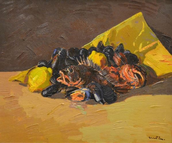 Angiolo Volpe   (Livorno 1943)   NATURA MORTA  olio su tavoletta, cm 60x50