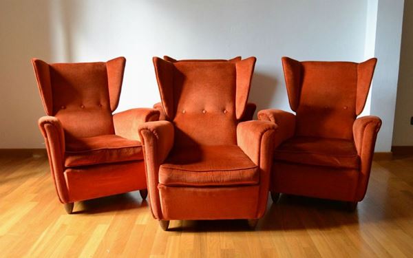 Quattro poltroncine, anni ' 50, imbottite e ricoperte in velluto, recano marchio di fabbrica Camea (4)