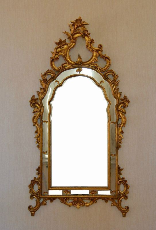 Specchiera, stile 700, in cornice intagliata e dorata, cm 88x177