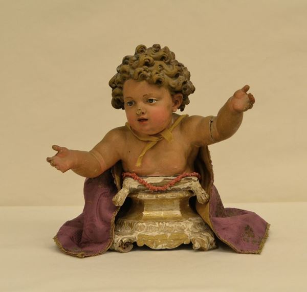 Scultura, Napoli, sec. XVIII, PUTTO, in legno, su base a capitello, alt. cm 34, da restaurare