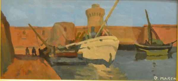 Giovanni March (Tunisi 1894-Livorno 1974)  PORTO,  olio su tavola, cm 24x54, datato sul retro 1960