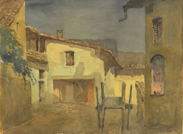 Antonio Pasetto ( 1882-1972 )  NOTTURNO RUSTICO,  olio su cartoncino, cm 63,5x46,5