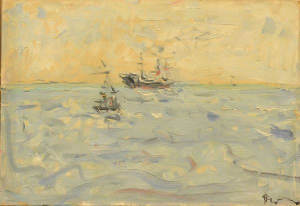Enzo Pregno ( 1898-1972 )  MARINA CON BARCHE  olio su tela, cm 50x35