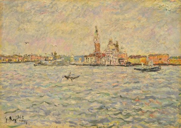 Guido Borgianni ( New York 1915 )  VENEZIA , olio su tela riportata su compensato, cm 69,5x49,5, datato 1942