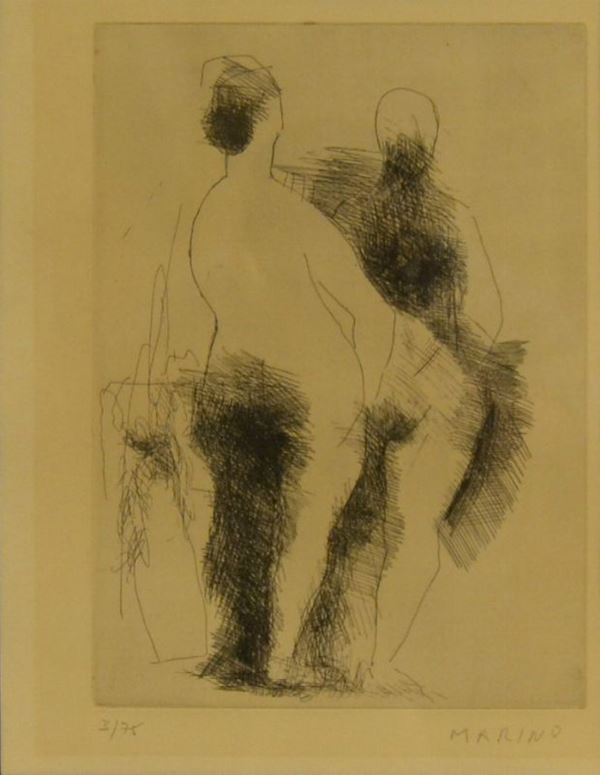 Marino Marini ( Pistoia 1901-Viareggio 1980 ) DUE POMONE, acquaforte, cm 26,4x19,6, su foglio cm 55,5x38; es. 3/5, firmato, eseguito nel 1956