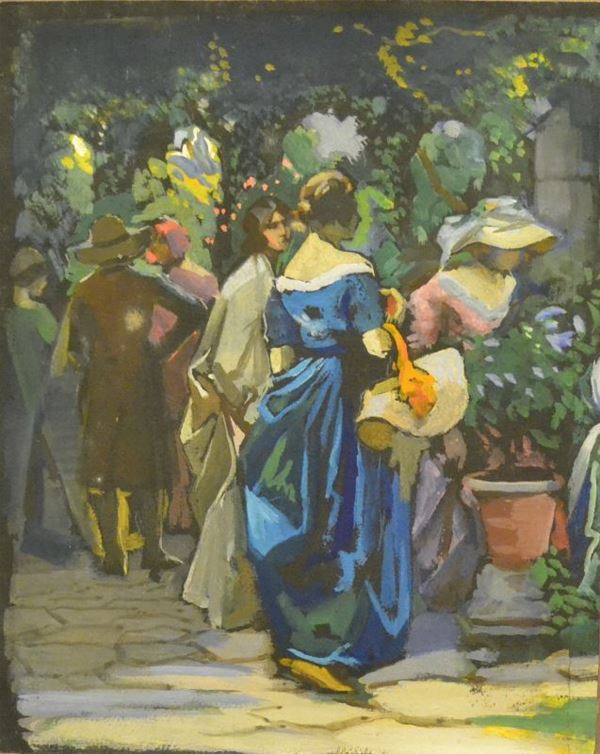 Scuola Italiana, inizi sec. XX,  DAME IN GIARDINO,  tecnica mista su cartoncino, cm 25x31,5