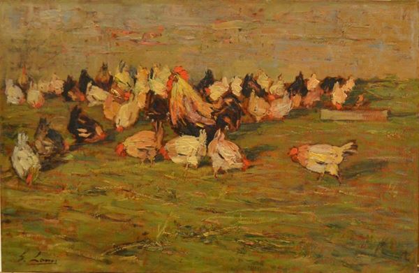 Giovanni Lomi ( 1889-1969 )  AIA CON GALLINE,  olio su tavola, cm 36x55,5,  l'opera Ã¨ inserita nell'archivio dell'artista al numero 414 