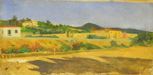Giovanni Bartolena ( Livorno 1866-1942 )  PAESAGGIO   olio su tela, cm 44,5x22   firmato sul retro