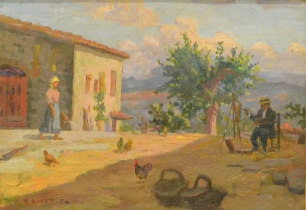 Anacleto Nino della Gatta (1868-1921)    AIA CON CONTADINI   olio su cartoncino, cm 27x19