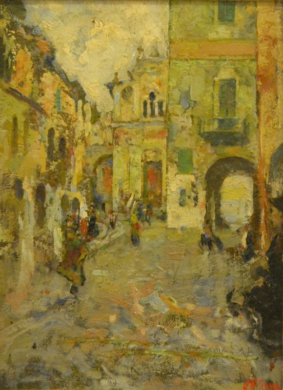Scuola Italiana, inizi sec. XX   SCORCIO DI PAESE   olio su tavoletta, cm 24,5x33   firmato