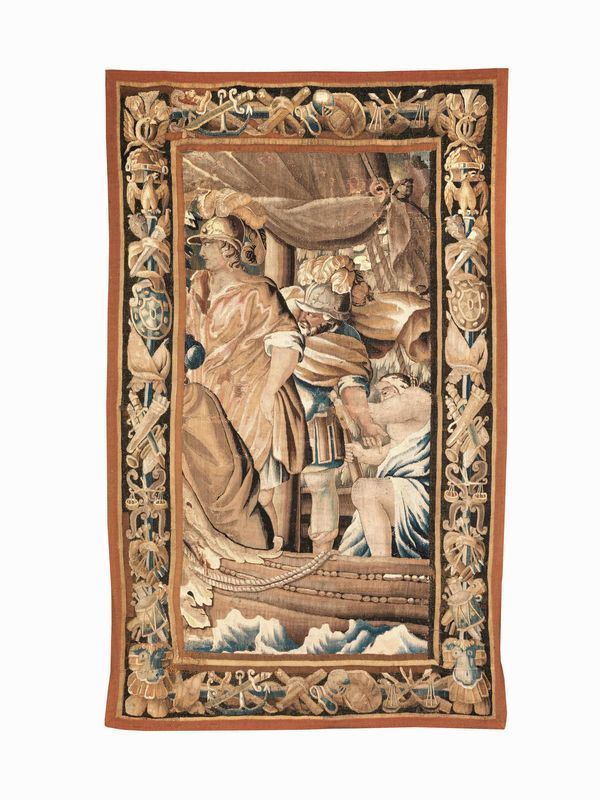 Arazzo fiammingo, sec. XVII, raffigurante scena classica, bordura a trofeo  d'armi, cm 278x168, ricostruito