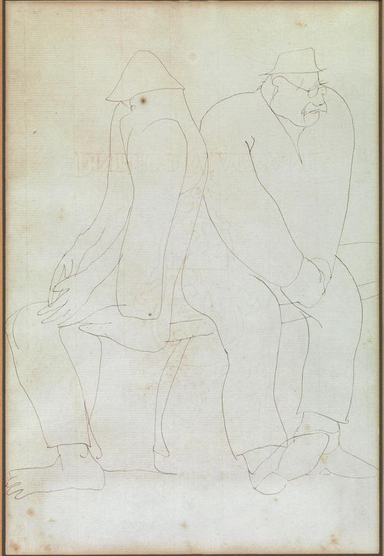 Viani, Lorenzo (Viareggio 1882 - Ostia 1936)  DUE UOMINI SEDUTI  Penna a inchiostro di china su carta vergellata con filigrana Enrico Magnani. mm 310x210, in cornice