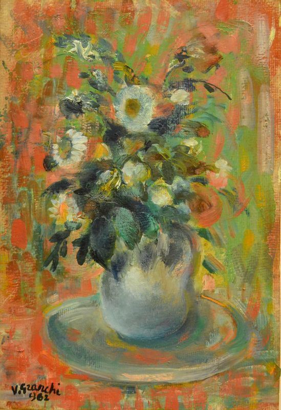Vittorio Granchi ( Firenze 1908-1992 )   VASO CON FIORI,    olio su cartoncino, cm 24x35