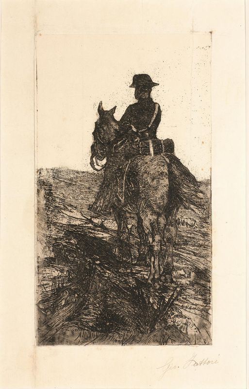 Fattori, Giovanni (Livorno 1825 - Firenze 1908) CARABINIERE IN VEDETTA  Acquaforte su zinco. mm 200x111. Foglio: mm 380x265, Bonagura, 79. Baboni, LXII. Franconi, 41, Firmata sulla lastra e iscritta a matita Giovanni Fattori,Lastra conservata presso il Gabinetto Disegni e Stampe degli Uffizi (Inv 61M)
