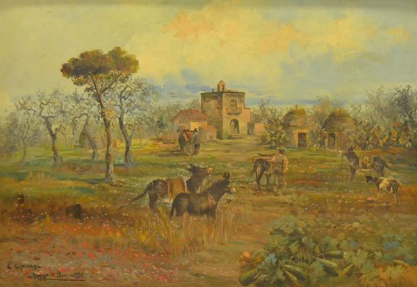 Scuola Italiana, sec. XX     PAESAGGIO DI CAMPAGNA    olio su tavoletta, cm 100x70     firmato e datato  