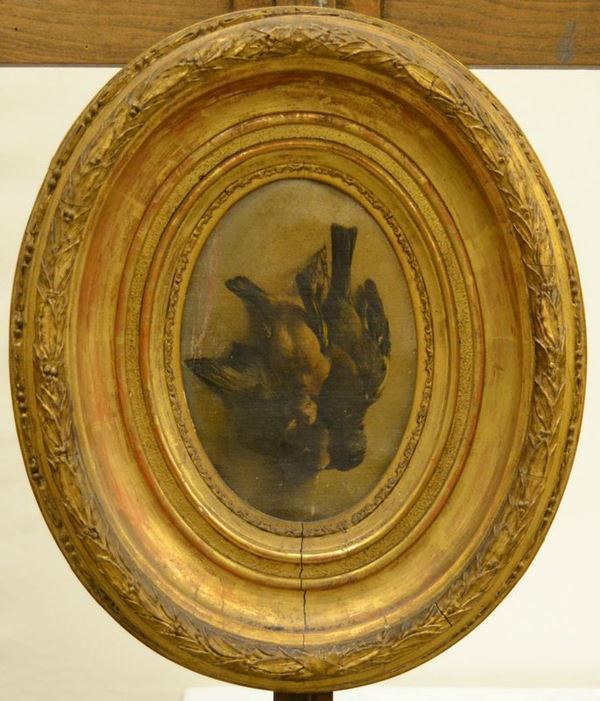 Scuola Italiana, fine sec. XIX,  PASSEROTTI,  olio su tela ovale entro cornice, cm 17x24,5