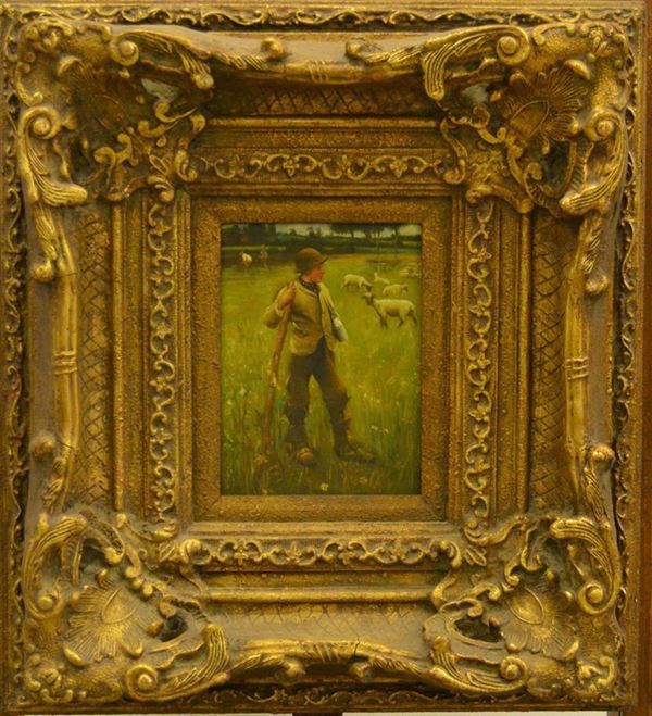 Scuola Italiana, sec. XX,  PASTORELLO,  olio su tavoletta entro cornice, cm 18x24