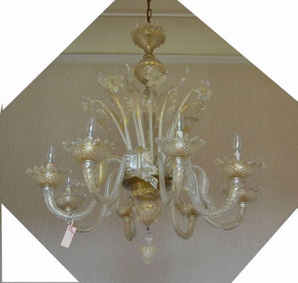 Lumiera, sec. XX, in vetro di murano, a otto luci con fiori, cm 118x85