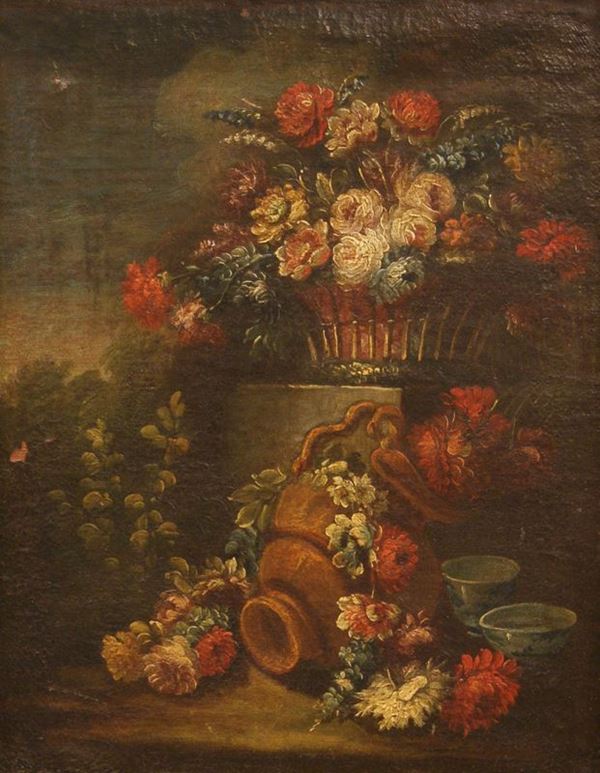 Scuola italiana, maniera del Settecento   VASI CON FIORI  olio su tela, cm 35x28 entro cornice in legno intagliato e dorato