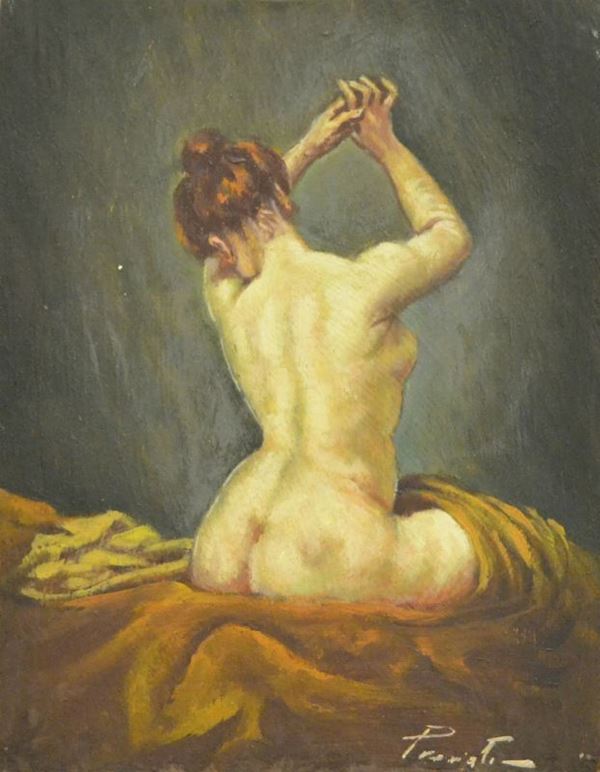 Scuola Italiana, inizi sec. XX,  NUDO FEMMINILE,  olio su tavoletta, cm 15x20, firmato