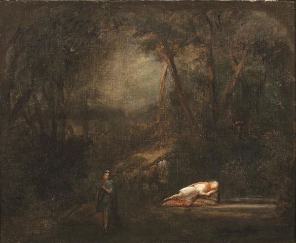 Artista del sec. XIX   GIOVANE DISTESO DORMIENTE PRESSO UNO STAGNO E FIGURA FEMMINILE SU SFONDO BOSCHIVO   olio su tela, cm 32,5X40                                                    indistintamente firmato in basso a destra e datato 1868 rintelato