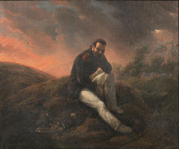 Scuola Francese, sec. XIX,   RITRATTO DI UFFICIALE ENTRO PAESAGGIO CON CIELO IN TEMPESTA,   olio su tela, cm 45X54, recante firma e data