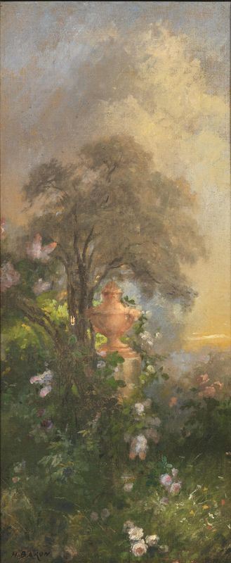 Henri Charles Antoine Baron  (1816-1885)   PAESAGGIO AL TRAMONTO e PAESAGGIO LACUSTRE   Coppia di dipinti, olio su tela, cm 68x30,5 firmati in basso a sinistra lievi danni (2)