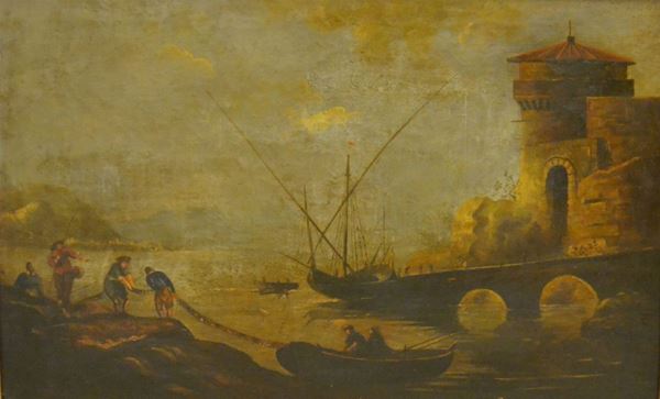 Scuola Italiana, sec. XIX,   MOLO CON PESCATORI,   olio su tela, cm 98x62