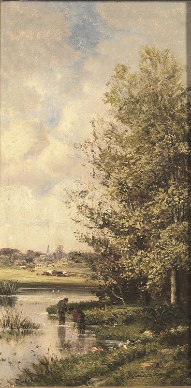 Nicolas Rousseau (sec. XIX)   PAESAGGI CON FIGURE   Coppia di dipinti, olio su tavola, cm 41,5X21,5, firmati in basso a destra lievi danni  (2)