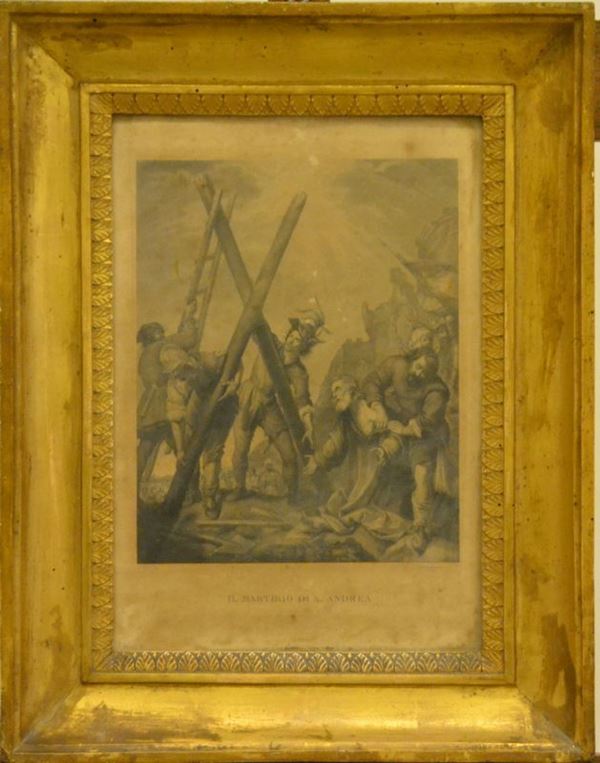 Stampa, sec. XVIII, MARTIRIO DI SANT'ANDREA, entro cornice, cm 26x35,5