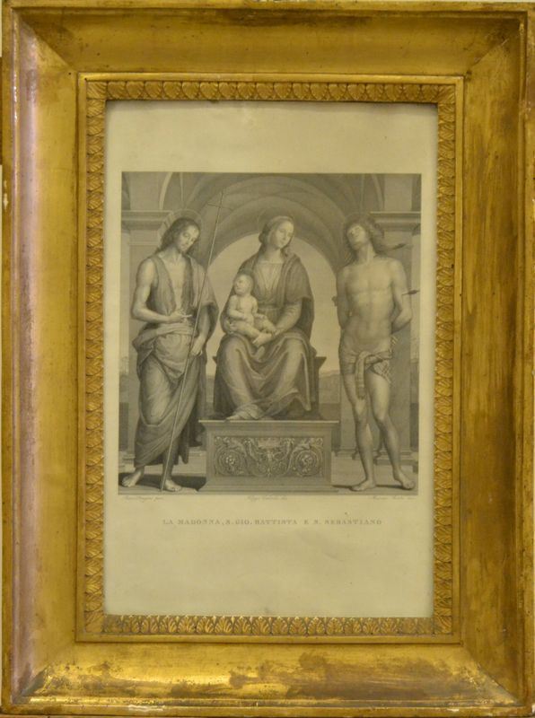 Stampa, sec. XVIII, MADONNA DI SAN GIOVANNI BATTISTA E SAN SEBASTIANO, entro cornice, cm 26,5x40