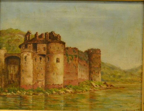 Giovanni Costa (Roma 1820-Marina di Pisa 1903)   PAESAGGIO CON CASTELLO,  olio su tela, cm 28x36