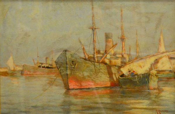 Renuccio Renucci (Livorno 1880-1947)  PORTO CON BARCHE,   olio su tavoletta, cm 40x60