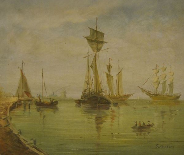 Scuola Nord Europea, inizi sec. XX,   MARINA CON BARCHE,   olio su tela, cm 60x50, firmato S. Peters