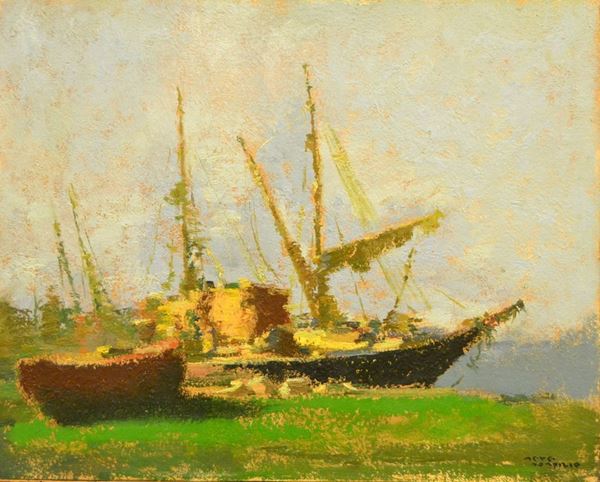 Seve Sospizio ( 1908-1962 )  BARCHE  olio su tavoletta, cm 50x40