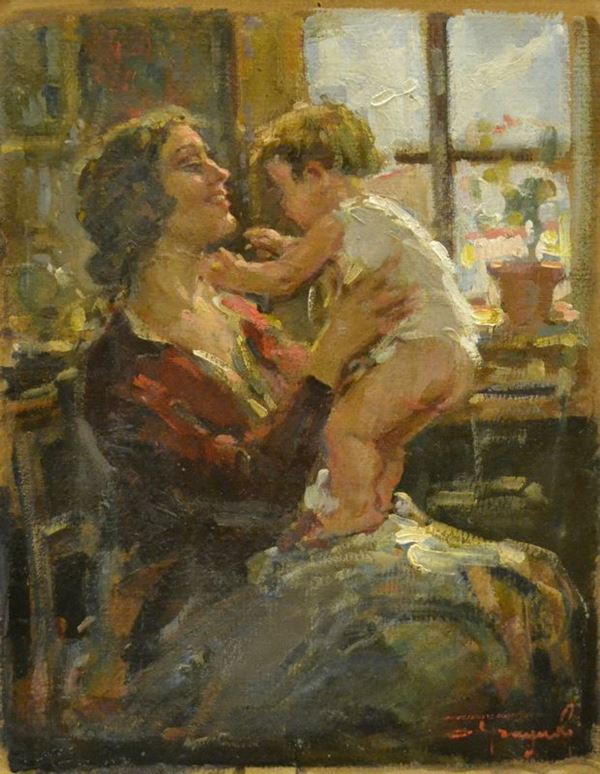 Ovidio Gragnoli ( 1893-1953 )  MAMMA CON BAMBINO,  olio su cartoncino, cm 30x38