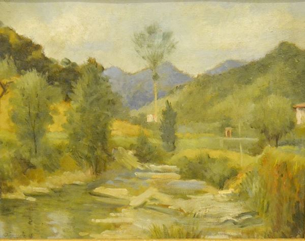 Oreste Zuccoli ( 1889-1980 )   PAESAGGIO,   olio su tavoletta, cm 53x41,5
