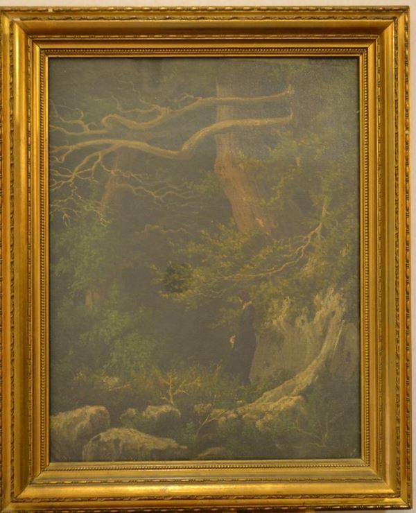 Scuola del sec. XIX   PAESAGGIO CON FIGURE   dipinto ad olio, cm 45.5x35