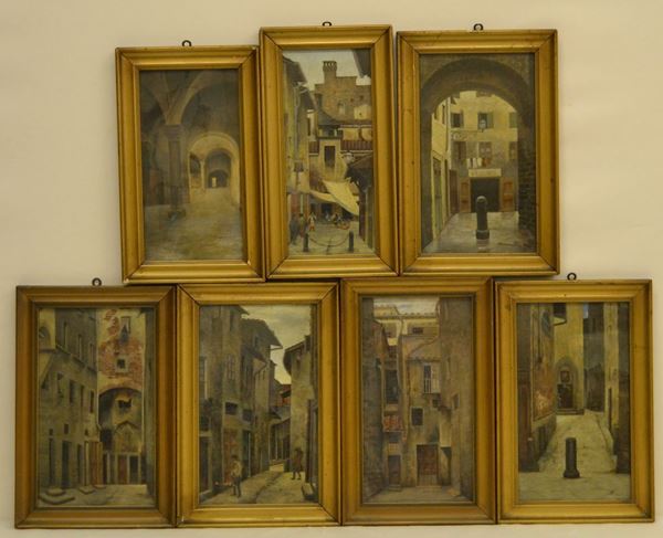 Sette dipinti, inizi sec. XX,  SCORCI DI FIRENZE,  olio su cartoncino, cm 18x30 ( 7 )