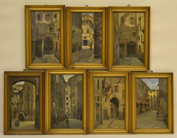 Sette dipinti, inizi sec. XX,  SCORCI DI FIRENZE,  olio su cartoncino, cm 18x30 ( 7 )