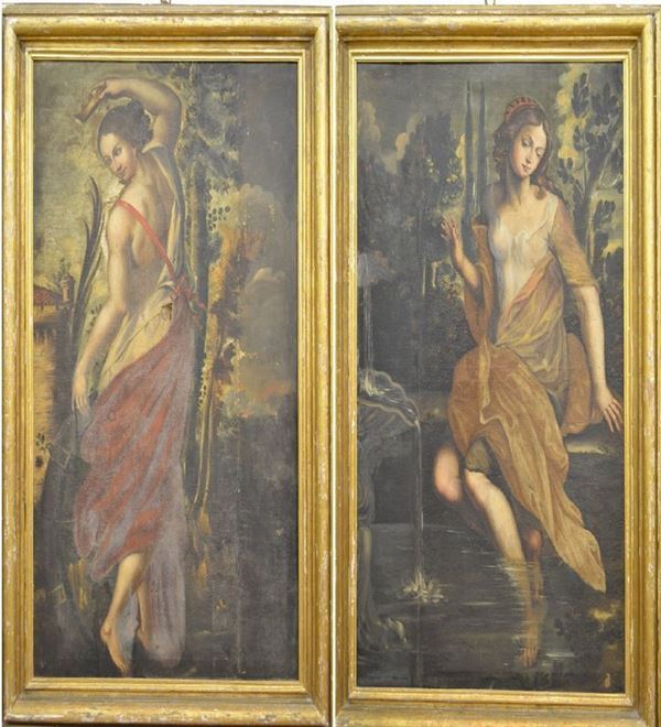 Scuola napoletana, secc. XVIII-XIX   Santa Caterina d'Alessandria; Betsabea al bagno   coppia  di dipinti ad olio su tela, cm 201x127 ciascuno   danni e aggiunte di epoca posterire   (2)