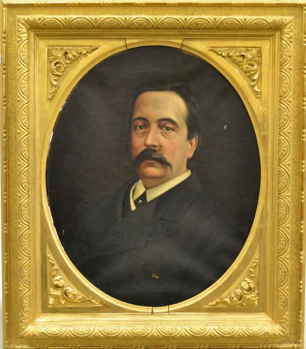 Scuola Italiana, fine sec. XIX,  RITRATTO MASCHILE,  olio su tela ovale, cm 52x63, da restaurare