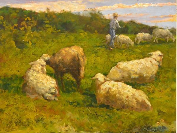 Scuola Italiana, inizi sec. XX, PASTORE CON GREGGE, olio su tavoletta, cm 35x27