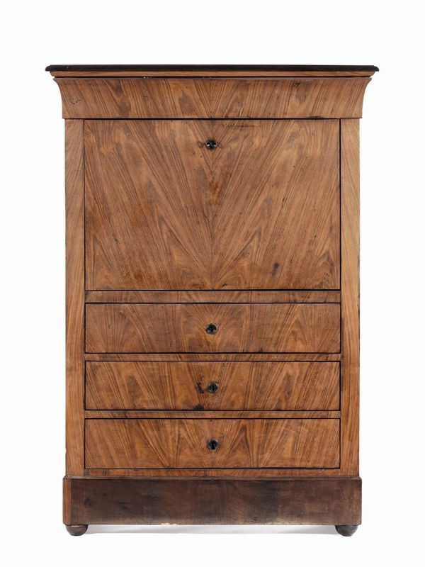 Secretaire, Francia, metÃ  secolo XIX, in quercia, piano superiore di forma rettangolare non pertinente, fascia a gola ad un cassetto, sportello a calatoia con vano a giorno e tre cassetti sottostanti, base rettilinea, piedi a cipolla, cm 108x44x156, alcuni danni